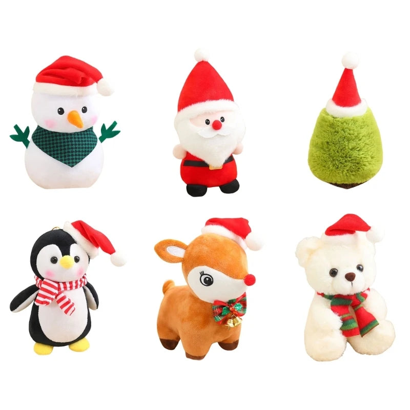 Six Christmas Stuffed Animal Plush Toys In A White Background