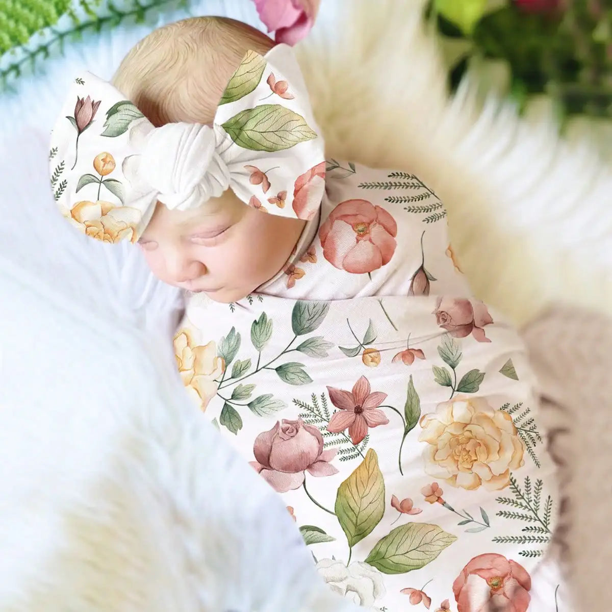 Baby lying on a floral blanket, with a soft focus on the background.