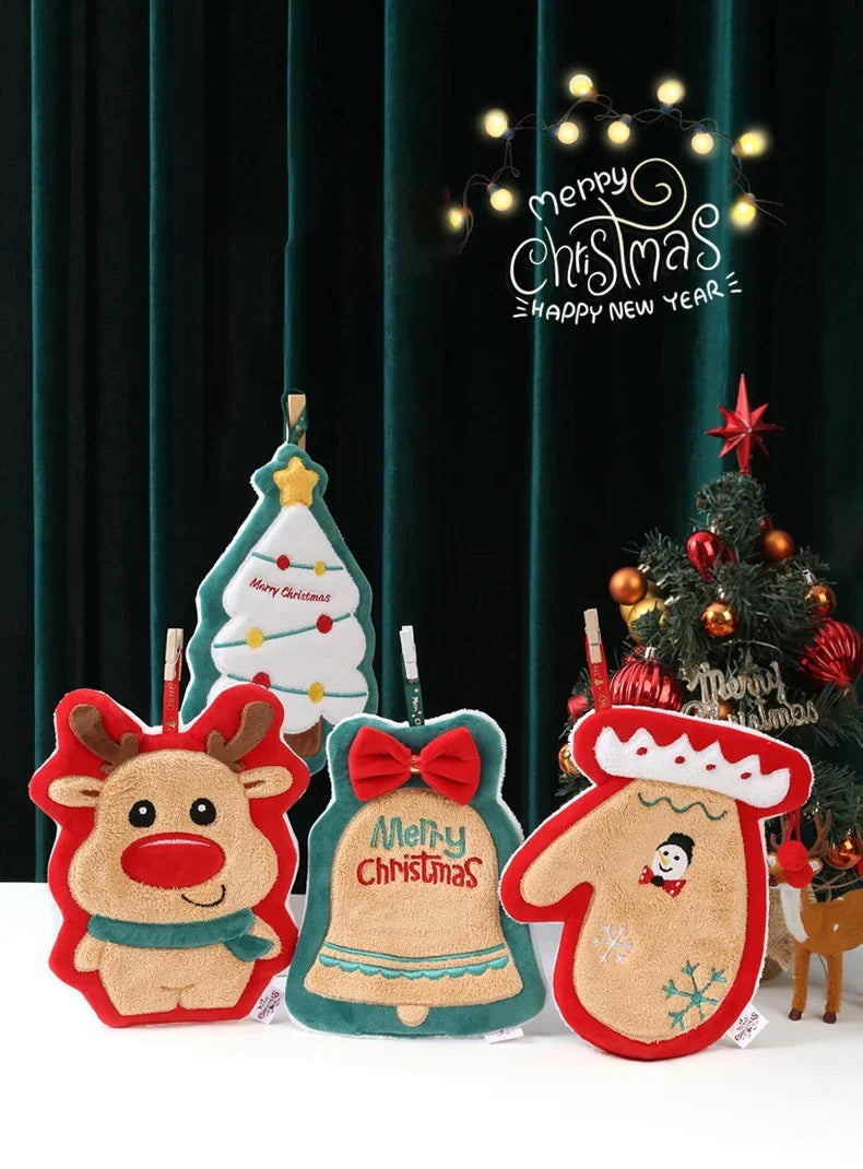 Four Christmas Themed Hanging Towel In A Green Curtain Background And Christmas Props And Text "Merry Christmas Happy New year"