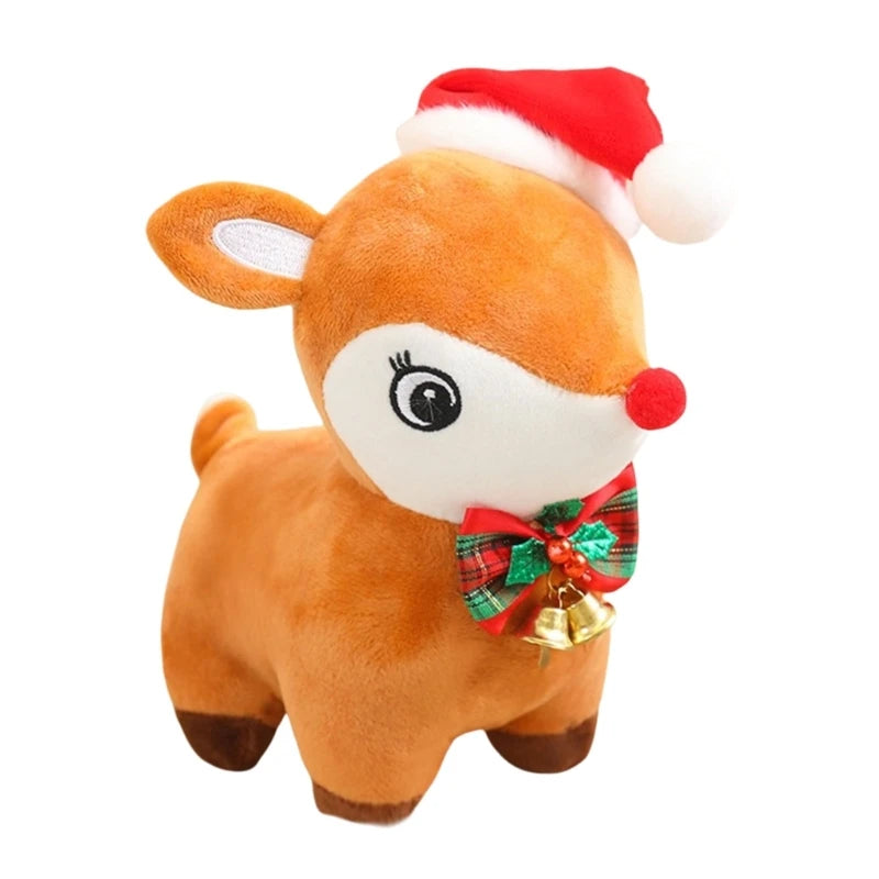 Reindeer With Christmas Bow tie And Red Hat Plush Stuffed Toy In A White Background