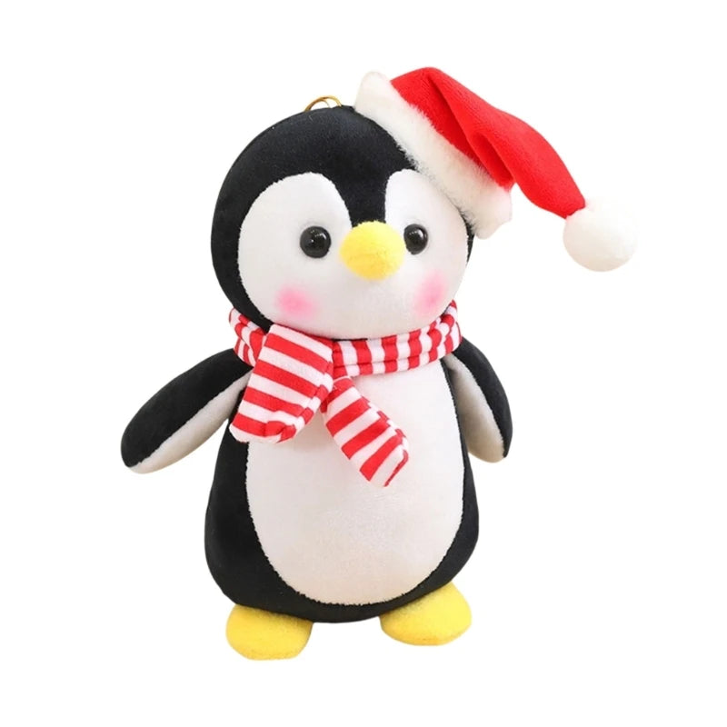 Penguin With Red and White Striped Scarf And Red Hat Plush Stuffed Toy In A White Background