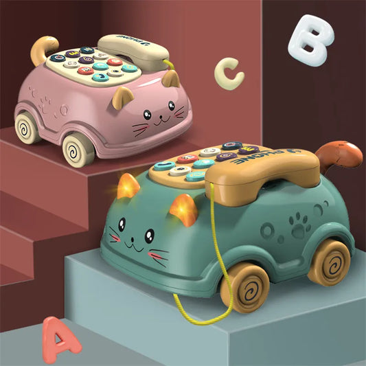 Two whimsical cat-shaped phones with alphanumeric buttons and floating letters A, B, and C.