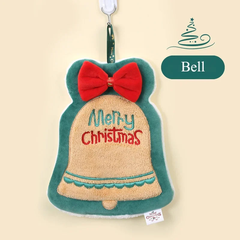 Brown Bell With Red Bow And Embroidered Merry Christmas Text And Green Outline Design Christmas Hanging Towel With Text "Bell" In A Nude Color Background