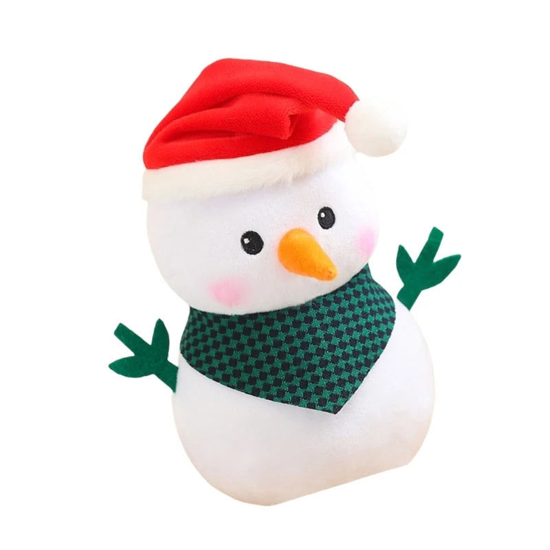 Snowman with Red Hat And Green Scarf Plush Stuffed Toy In A White Background