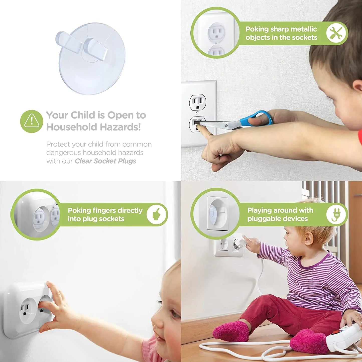 A child is plugging objects and his hands into a wall outlet with a warning text Your child Is Open To household Hazards