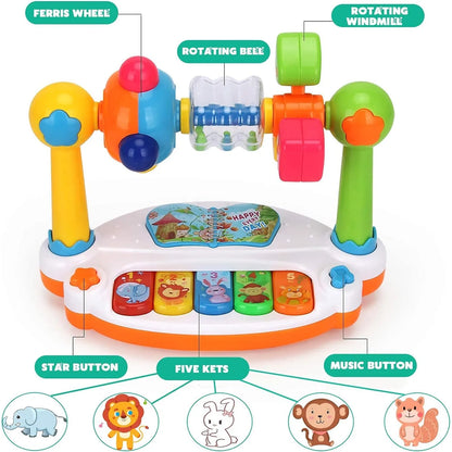 Colorful children's activity toy with labeled elements: Ferris wheel, rotating bee, windmill, buttons, and animals.