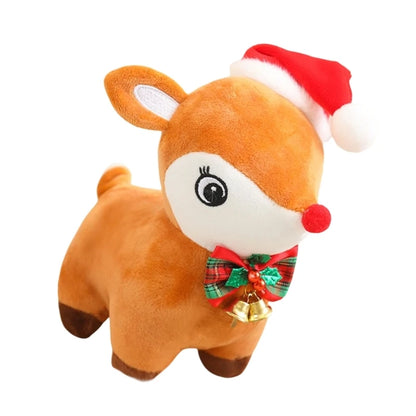 Reindeer With Christmas Bow tie And Red Hat Plush Stuffed Toy In A White Background