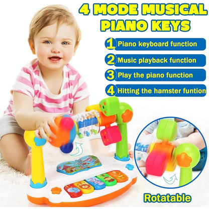 A child playing with a colorful musical toy piano with four interactive modes.