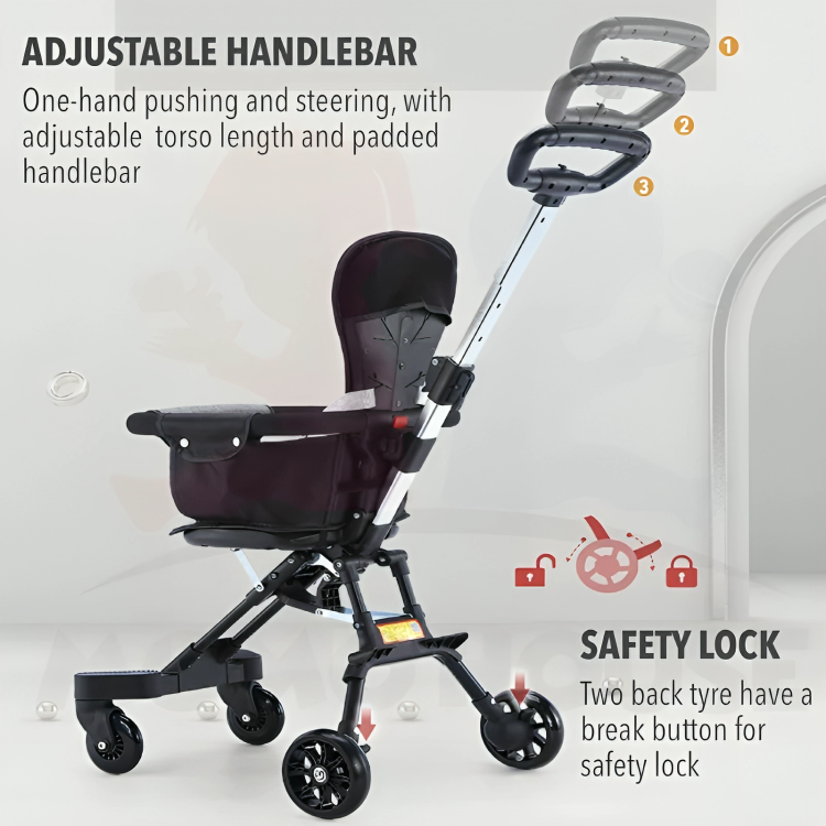 Black Foldable Baby Stroller with 360° Universal Wheel with Text Explaining Adjustable Handlebar And Safety lock Features