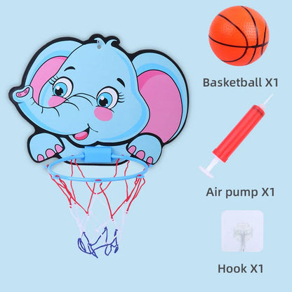 A children's basketball hoop with a cartoon elephant design, including a ball, air pump, and hook.