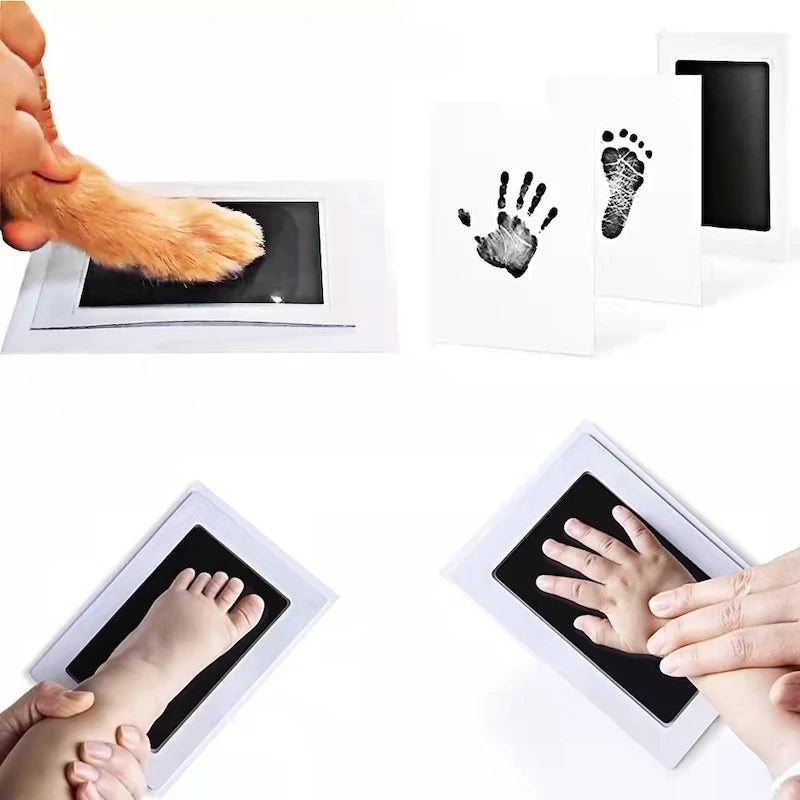 Impression kit demonstrated with a cat's paw, a human hand and foot, and a baby's foot.