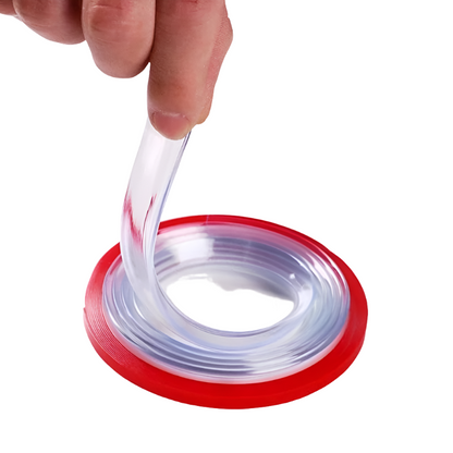 A person holding a Clear table corner guard strip in a white background