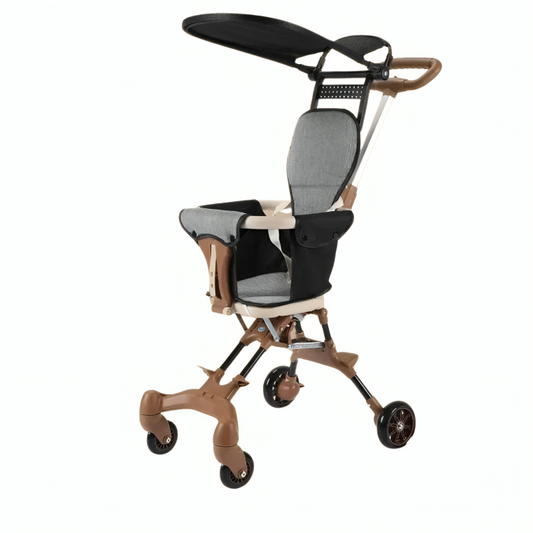 Khaki Foldable Baby Stroller with 360° Universal Wheel In A White Background